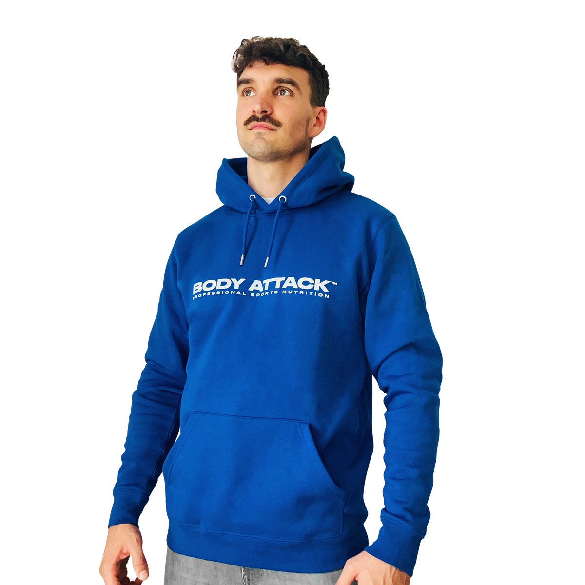 Body Attack Hoodie Ein Mann trägt einen blauen Body Attack Hoodie